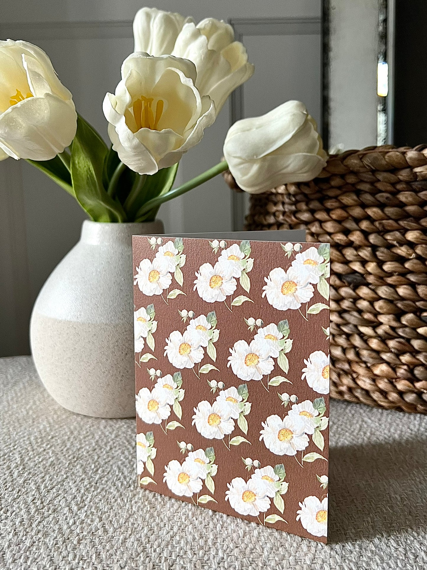 "Peony Pattern on Brown" Greeting Card