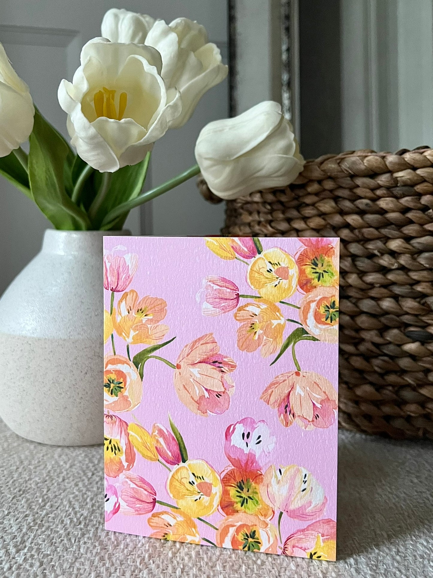 "Tulip Bunch on Pink" Greeting Card