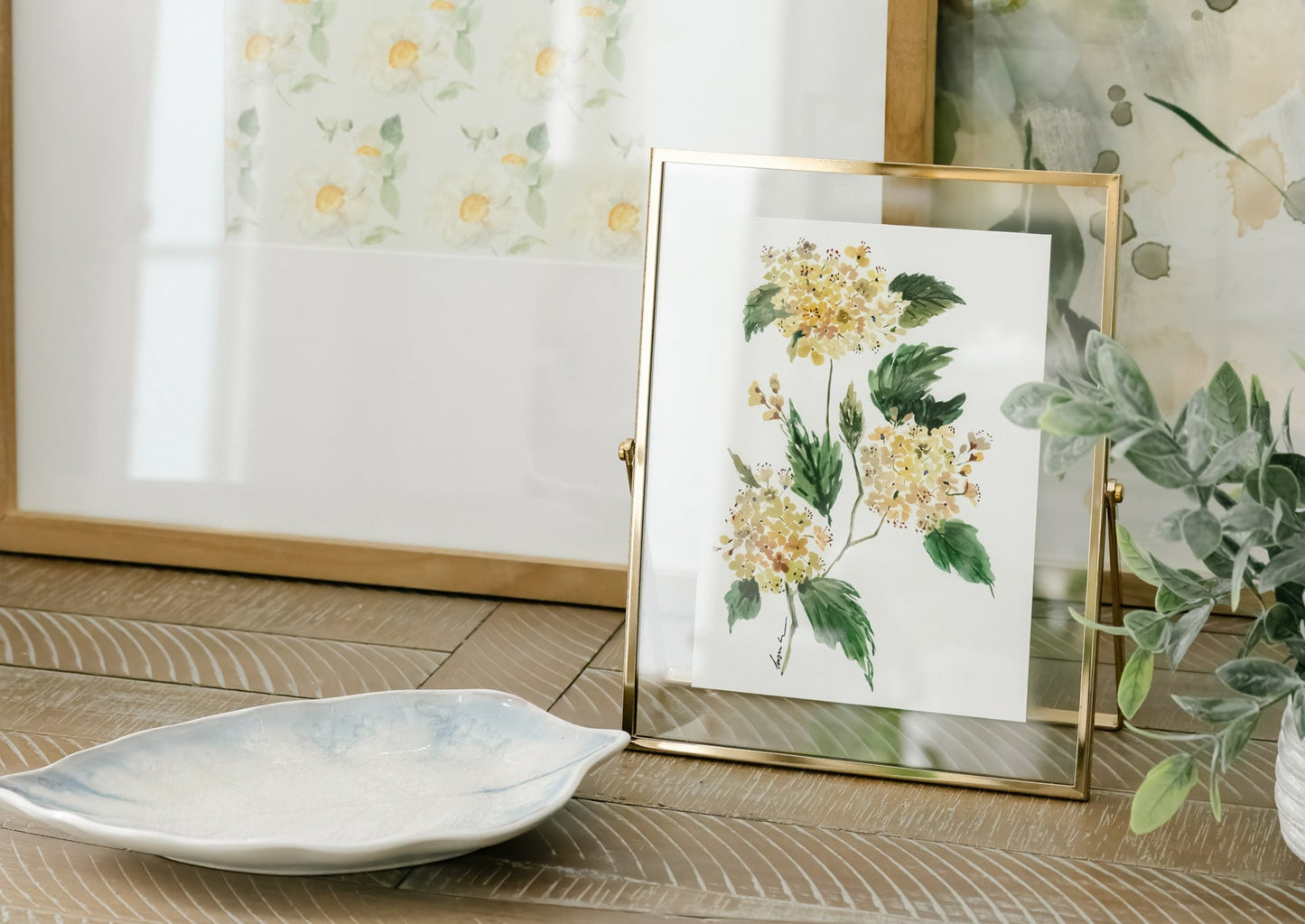 Hydrangea art print in gold floating frame