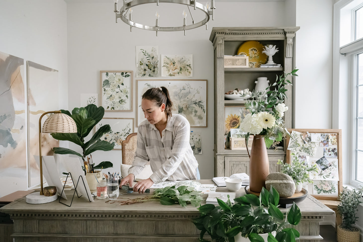 Artist in studio with Garden Greens