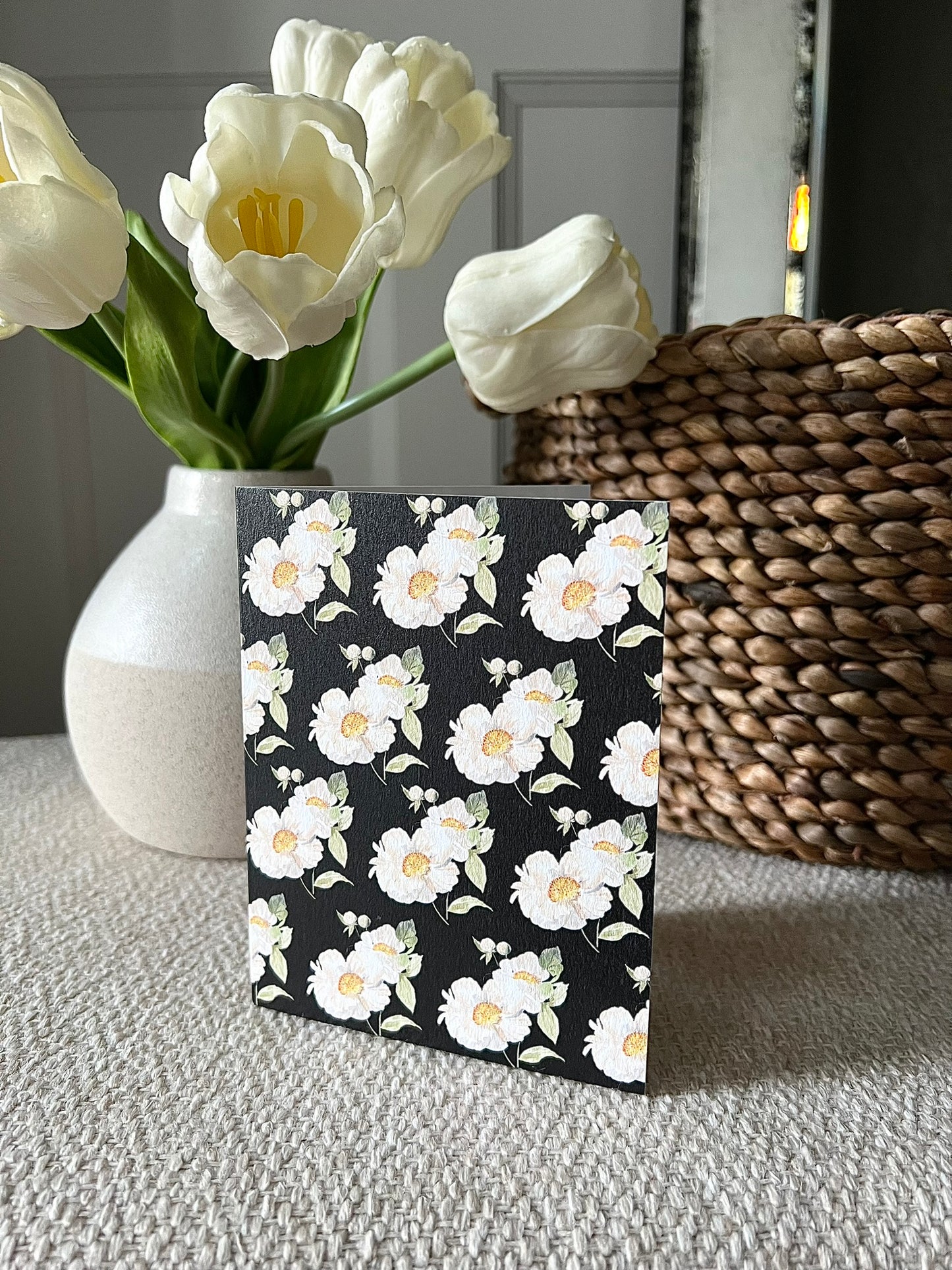 "Peony Pattern on Black" Greeting Card