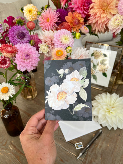 "Peony Pair on Black" Greeting Card