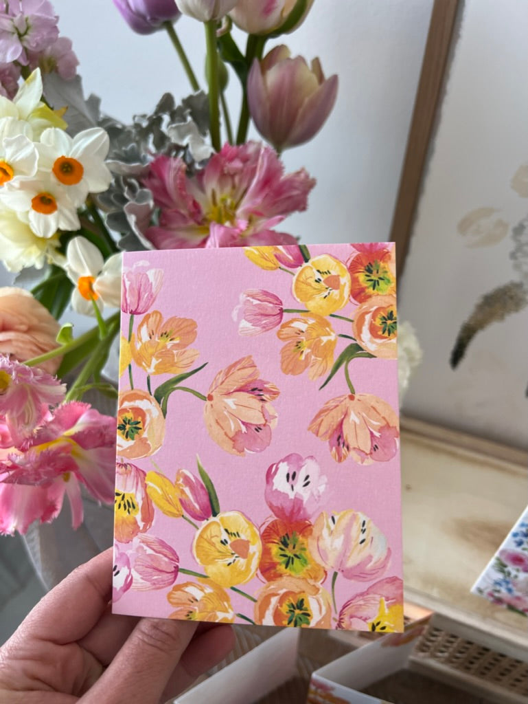 "Tulip Bunch on Pink" Greeting Card