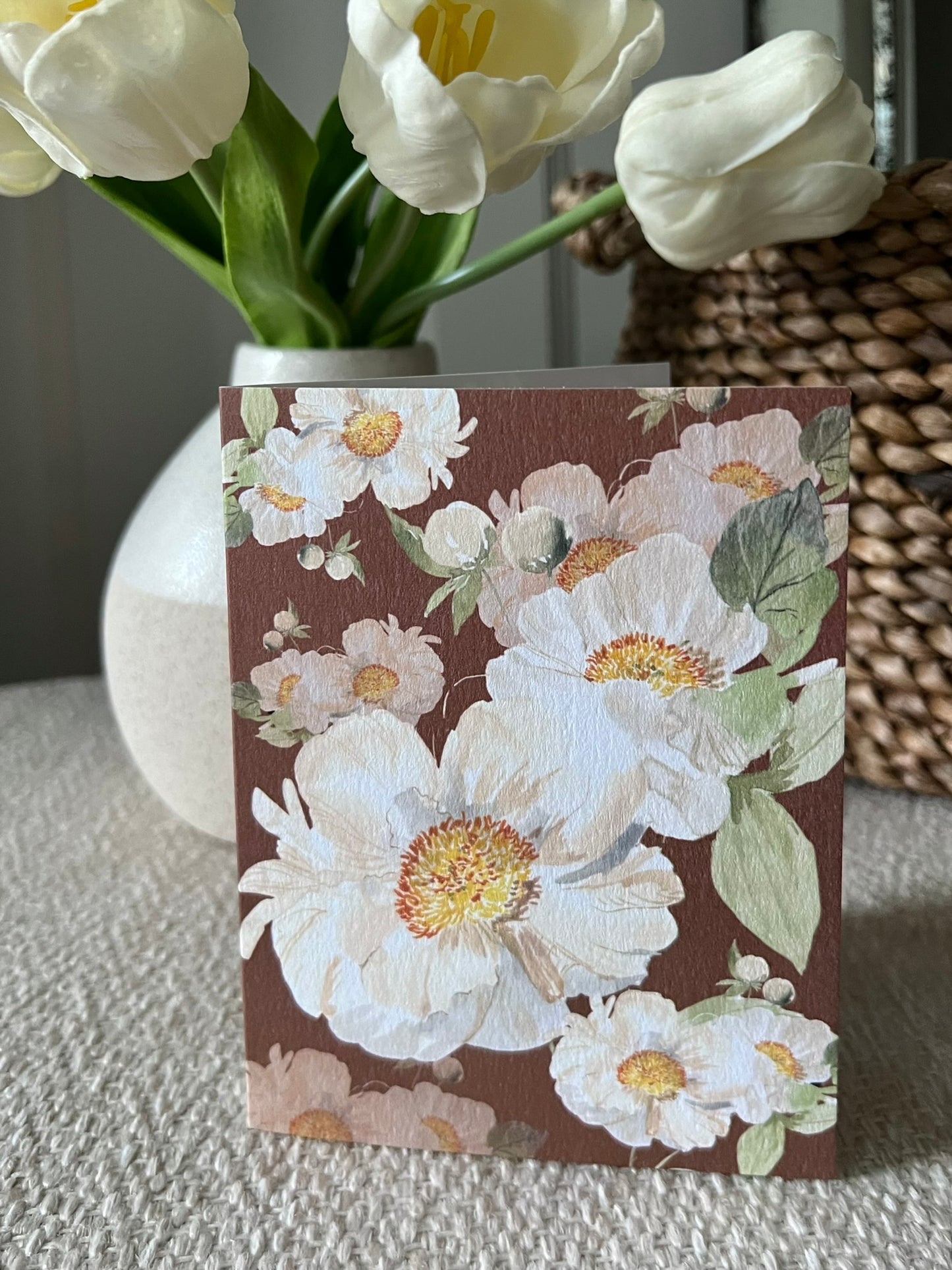 "Peony Pair on Brown" Greeting Card