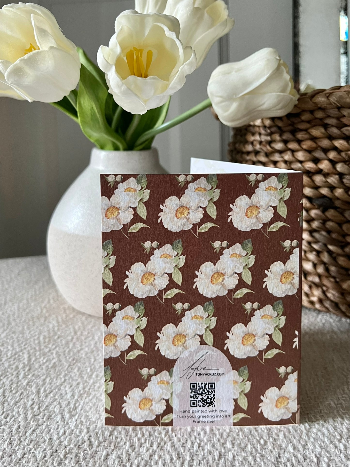 "Peony Pair on Brown" Greeting Card