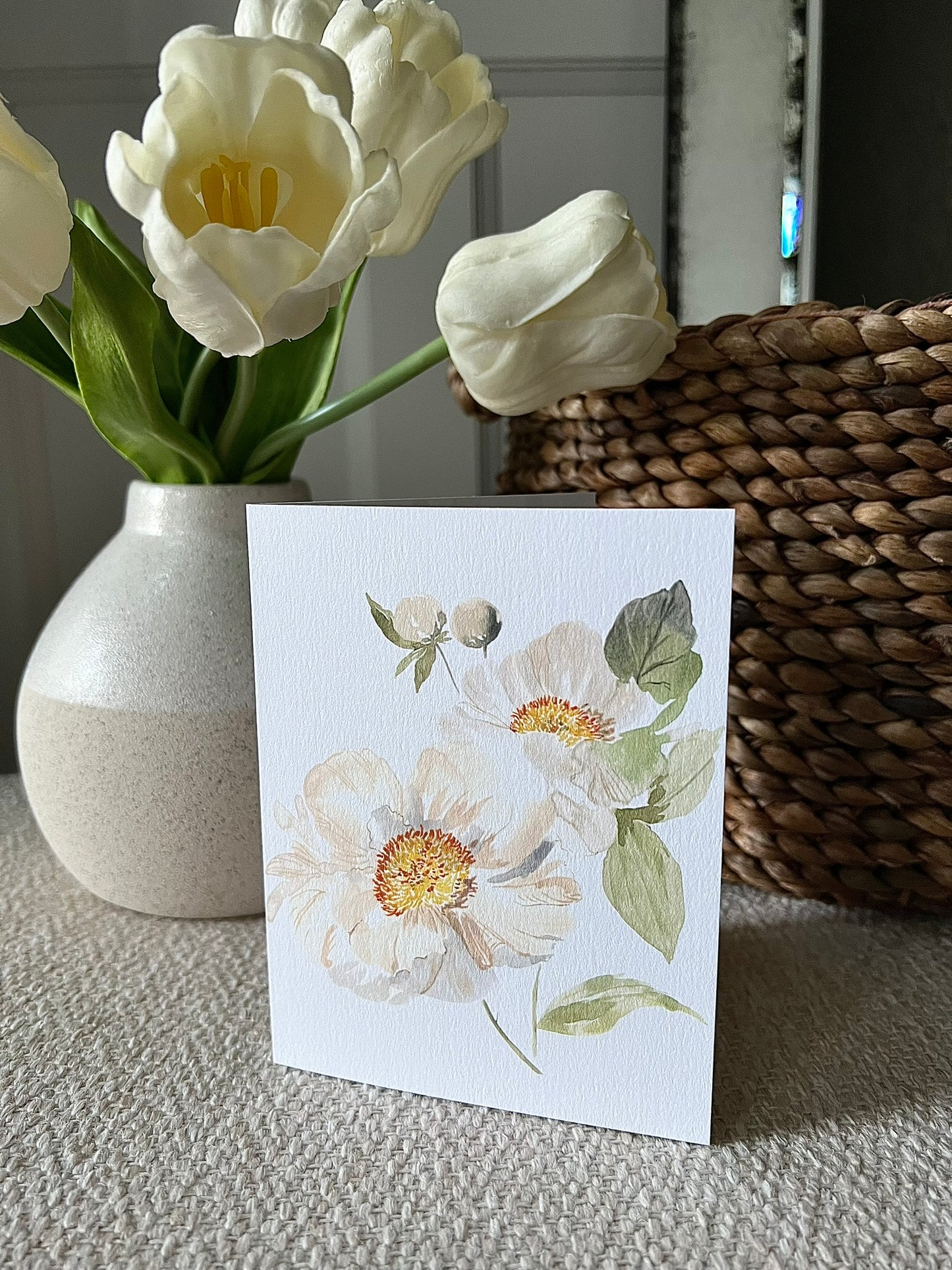 "Peony Pair on White" Greeting Card