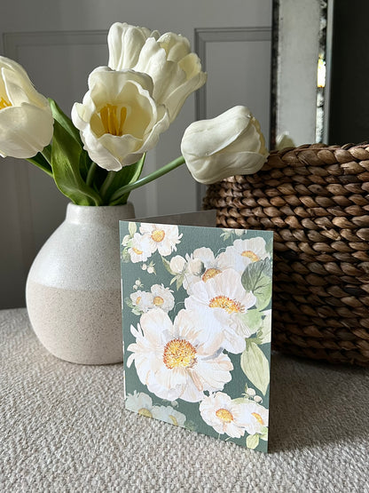 "Peony Pair on Green" Greeting Card