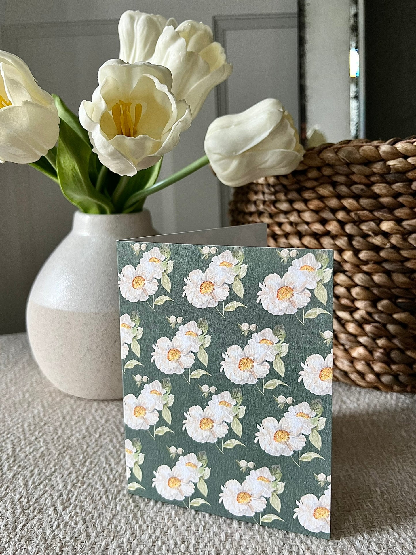 "Peony Pattern on Green" Greeting Card