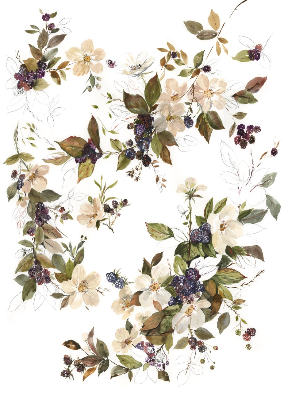 Blackberry Blossoms art print wall art,  detail view