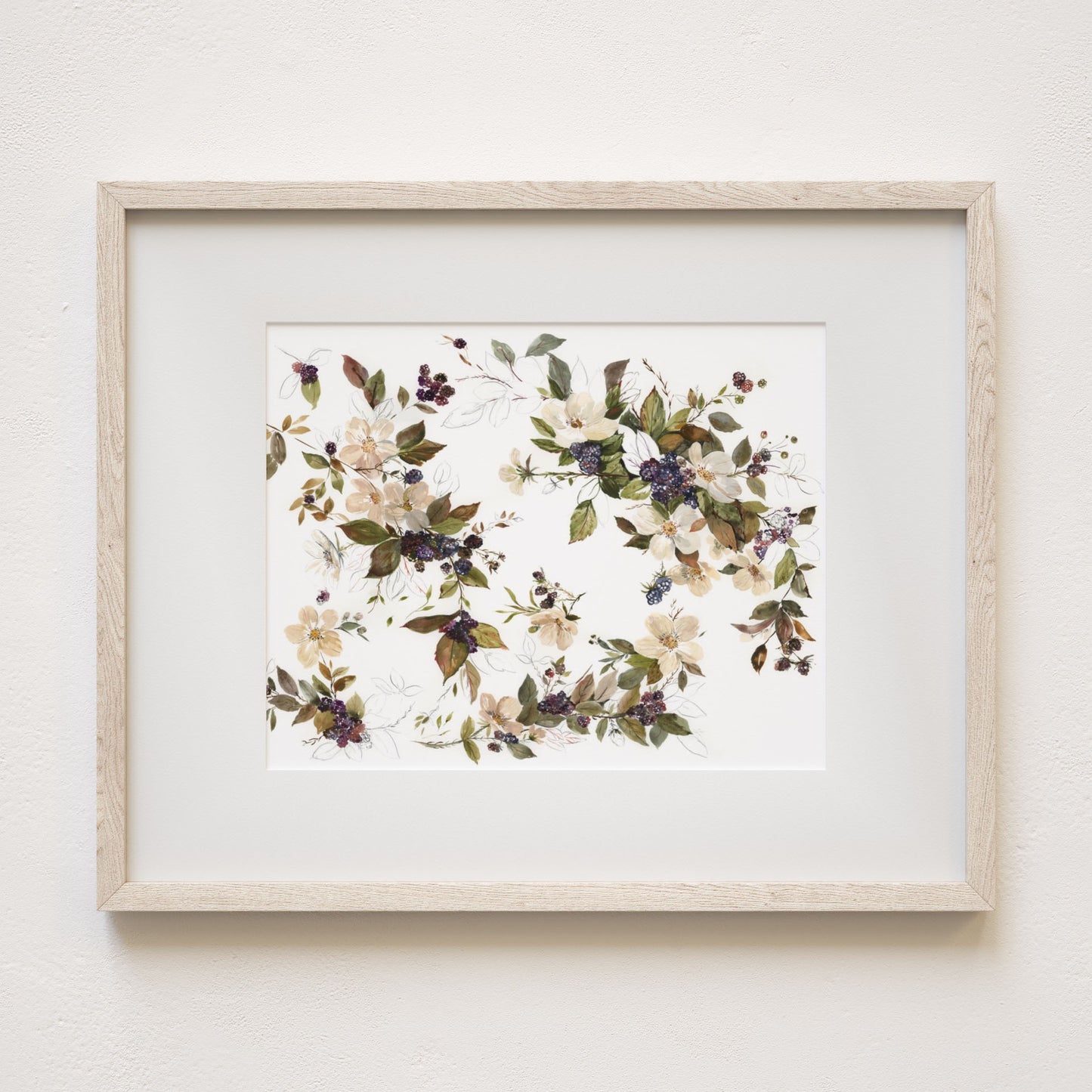 Blackberry blossoms art print,  8x10" framed with mat, landscape  view
