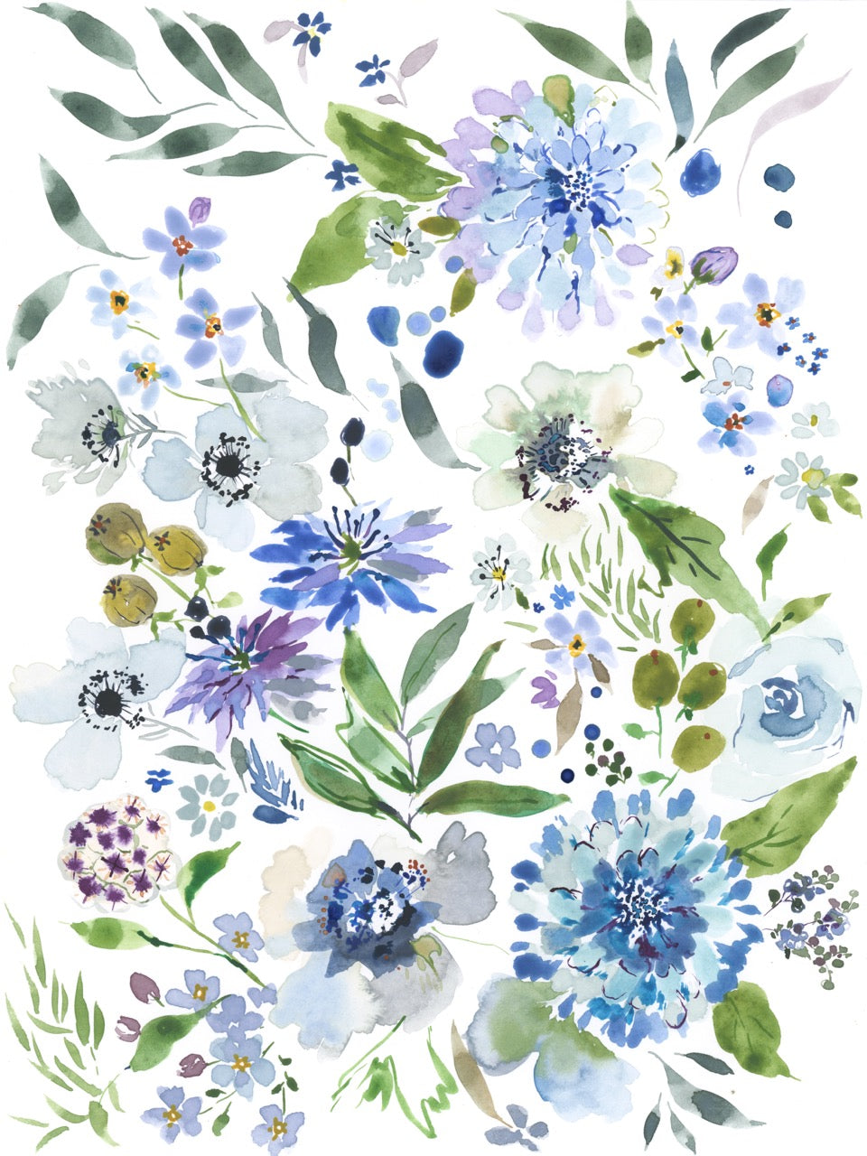 Blue flowers watercolour painting detail