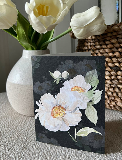 "Peony Pair on Black" Greeting Card