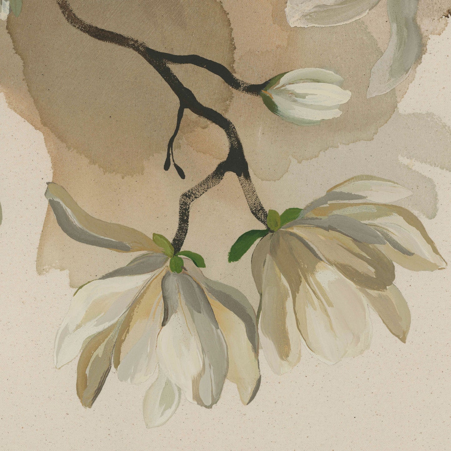 Artistic depiction of a branch with white flowers on a textured beige background