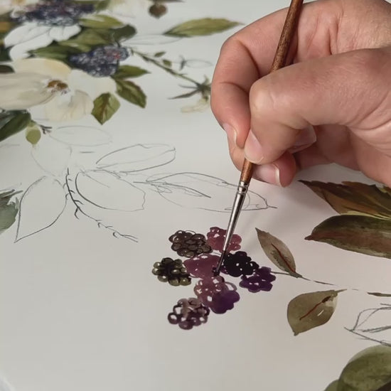 Blackberry blossoms art print,  painting process video reel