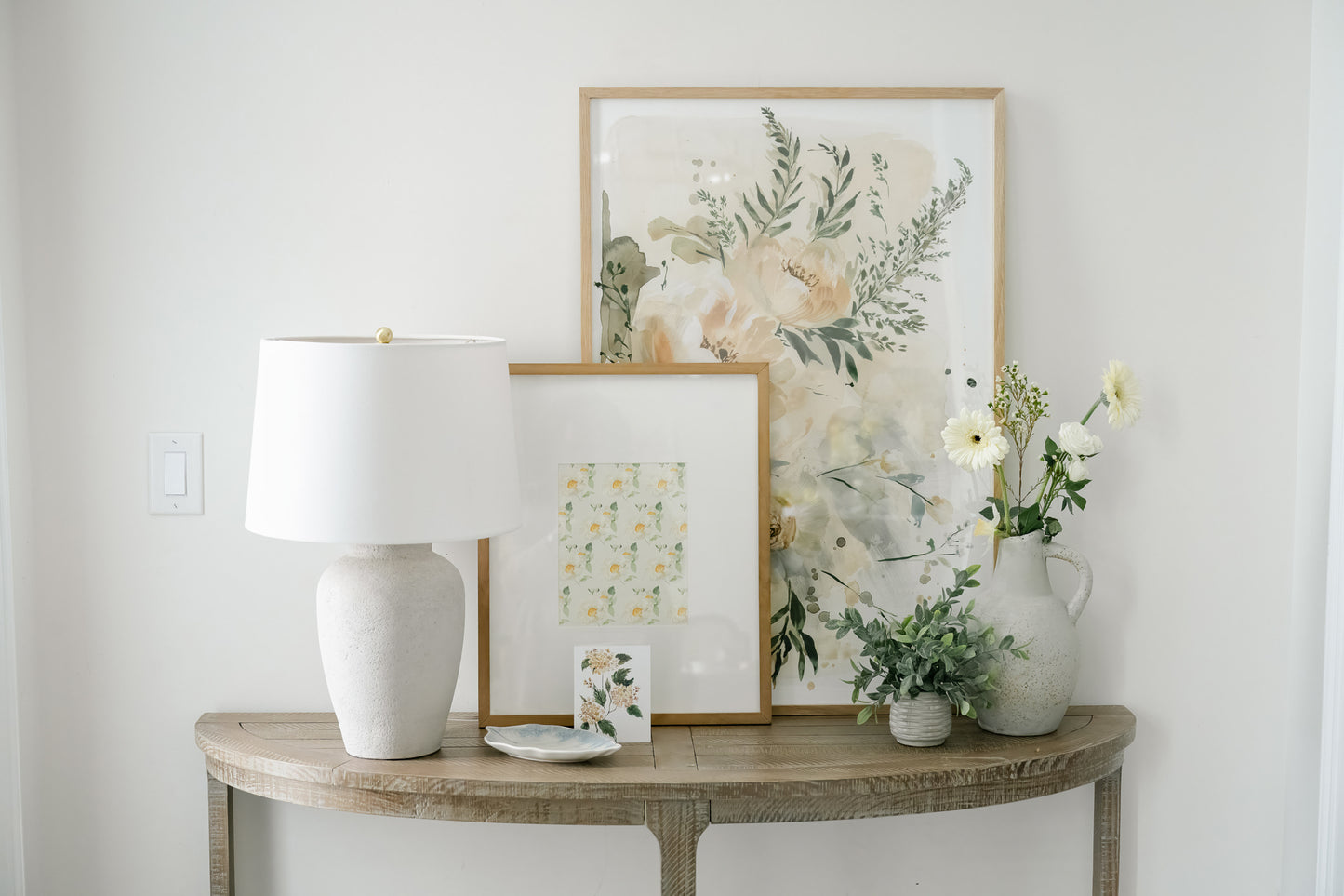 Lovers Art Print, 24x36" framed with home decor flowers, full view