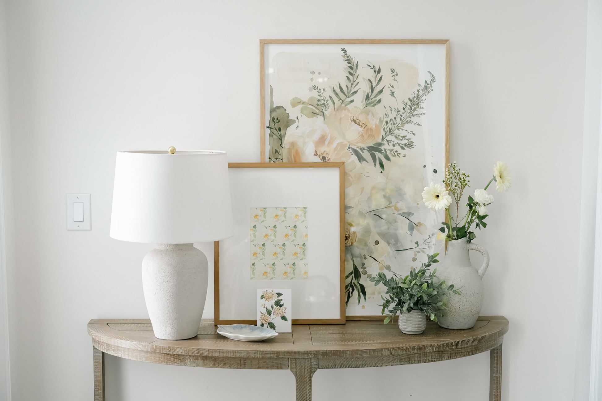 Lovers Art Print, 24x36" framed with home decor flowers, full view