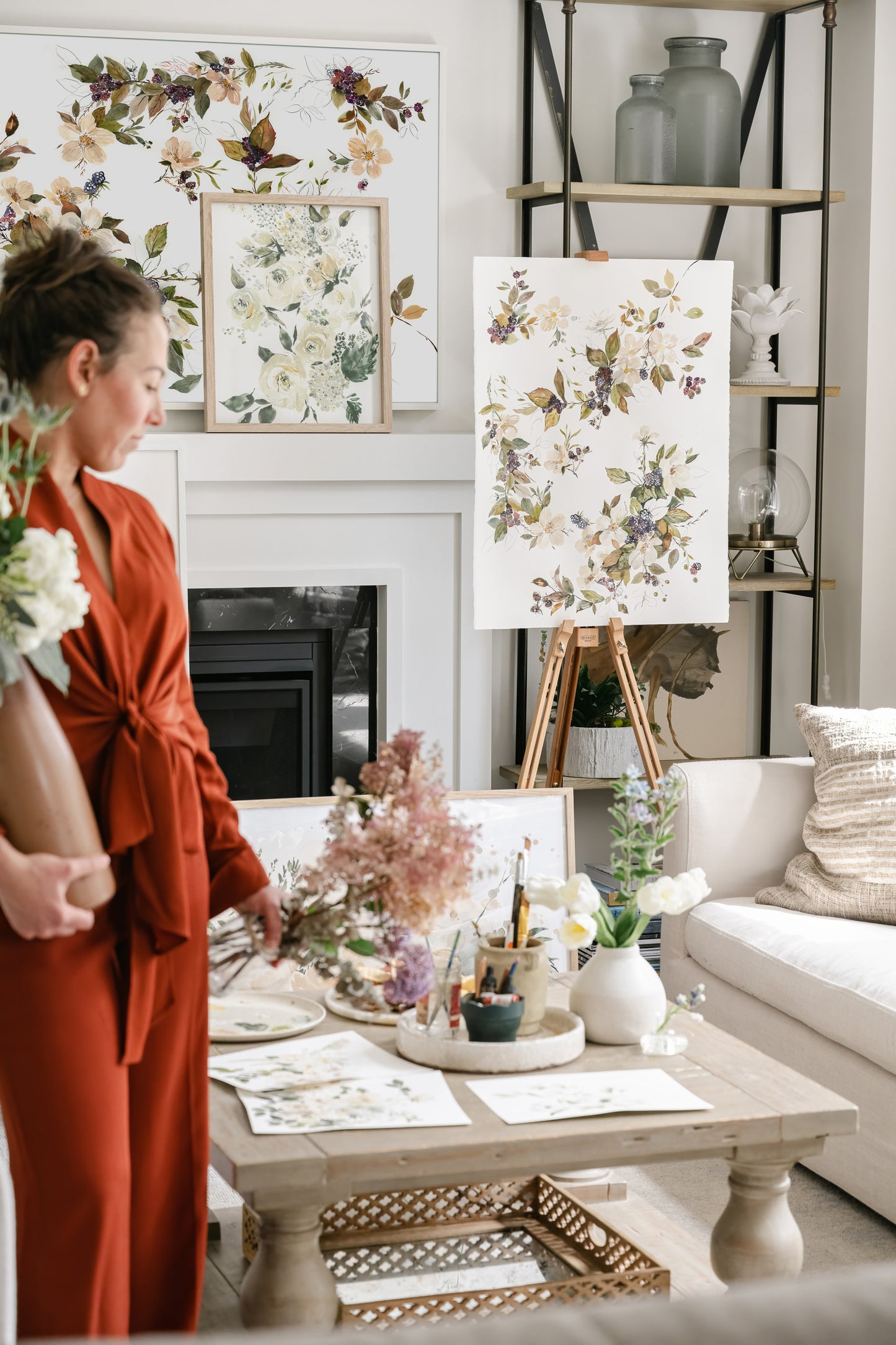 Blackberry Blossom art work displayed in portrait and landscape in home decor, Artist Tonya Cruz